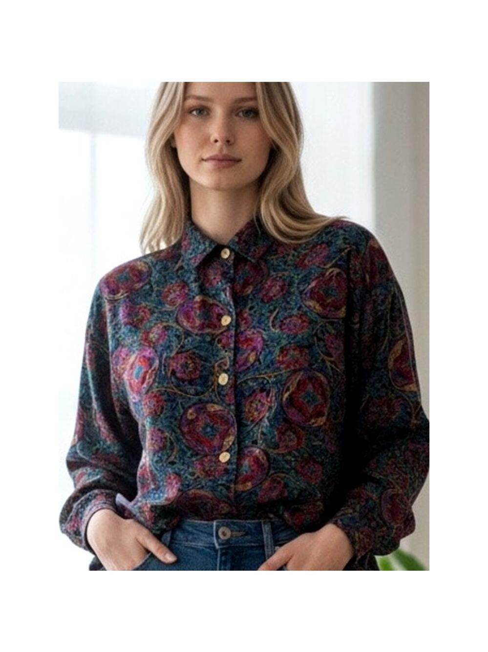 Basic Editions 90's Moody Floral Print Blouse with Gold Metal Buttons